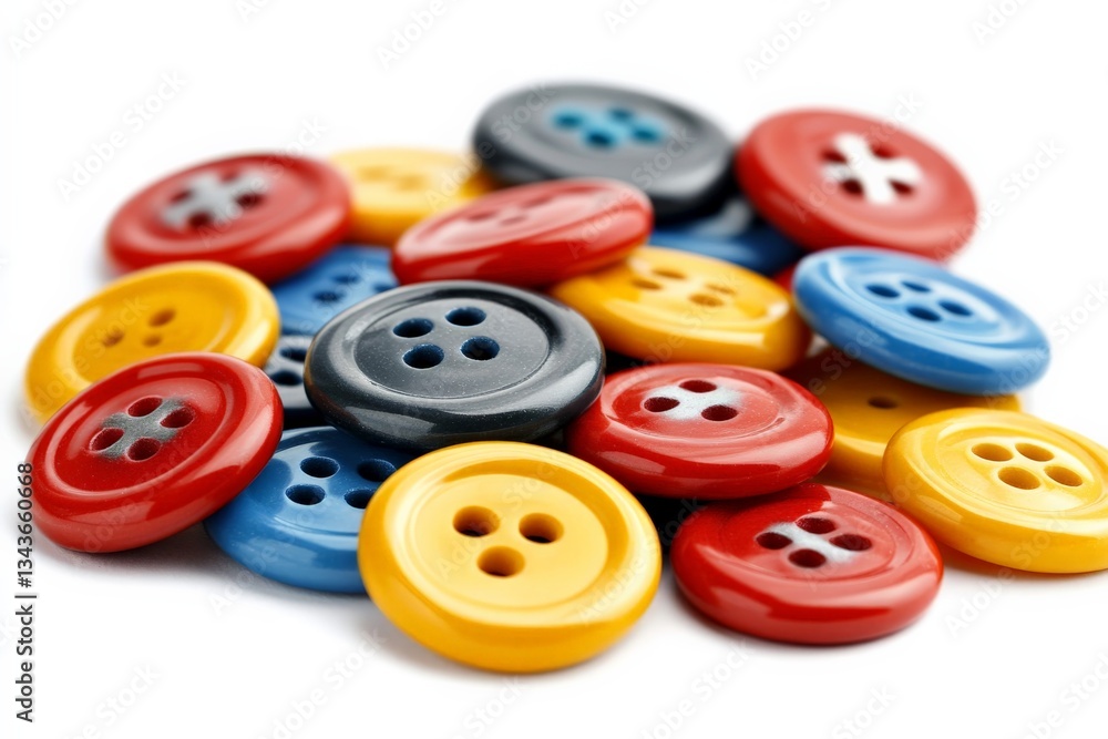 Poster colorful collection of plastic buttons arranged on a white background for crafting and sewing projec