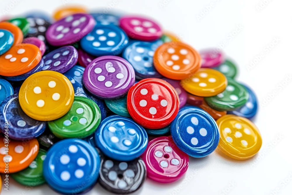 Poster Brightly colored buttons in various shapes and sizes arranged in a messy pile on a white background
