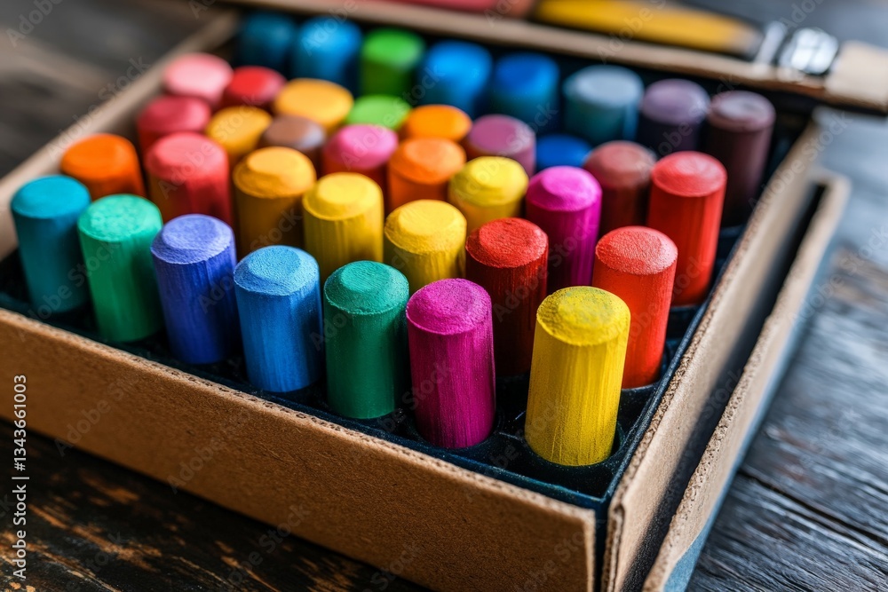 Poster brightly colored chalk sticks arranged neatly in a box, perfect for creative art projects and outdoo