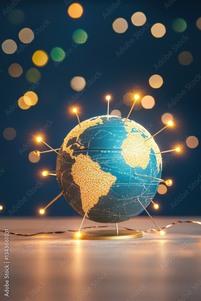 Poster a conceptual globe design showcasing a network of glowing pins for global unity
