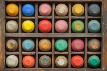 Colorful wooden spheres arranged in a vintage display box create an artistic display in a studio setting