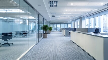 Modern office interior with glass walls, desks, and plants, emphasizing a professional environment.