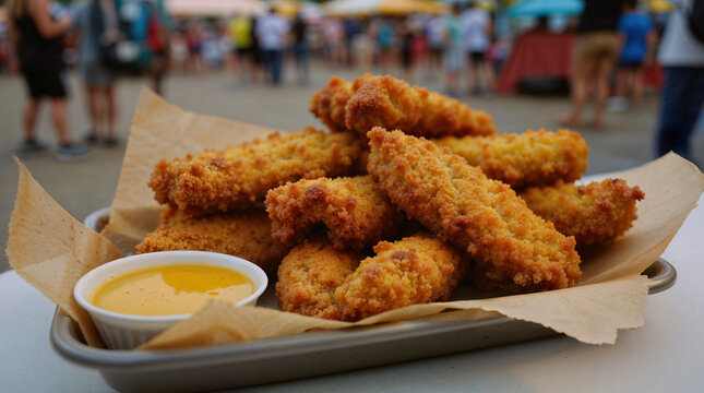 Tiras de pollo crujientes con salsa en festival gastron&oacute;mico