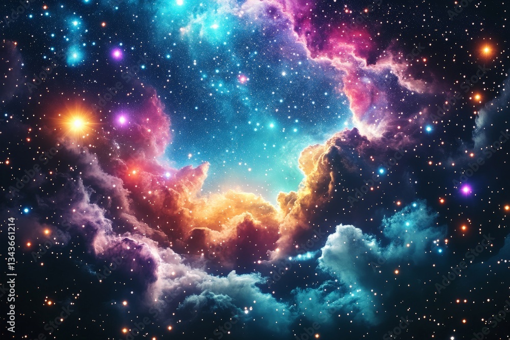 Poster vibrant cosmic nebula filled with colorful stars and swirling clouds in deep space during a starry n