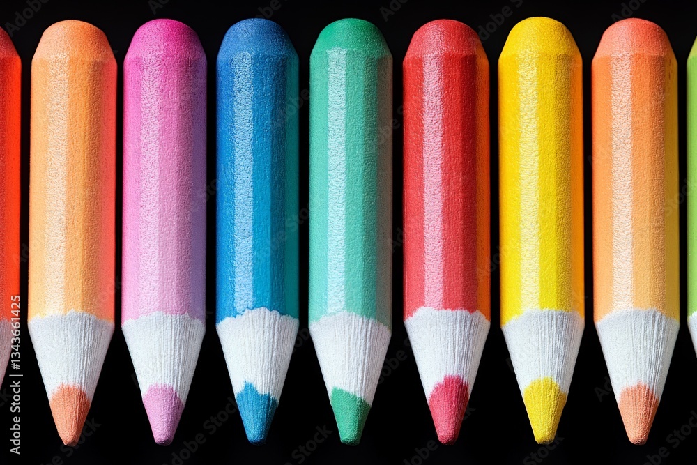 Poster vibrant colored pencils arranged in a row showcasing a spectrum of bright hues on a black background