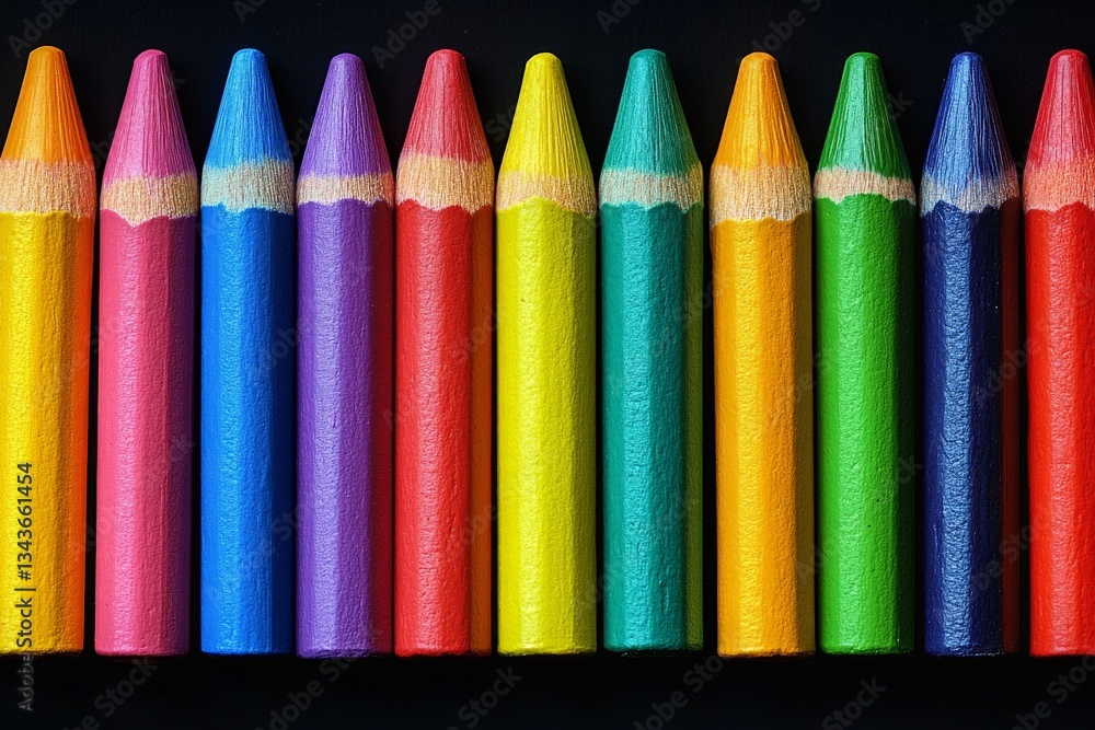 Poster brightly colored pencils arranged in a straight line on a dark background capturing the essence of c