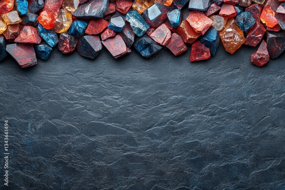 Poster vibrant collection of colorful gemstones arranged on a dark textured surface in a natural display of