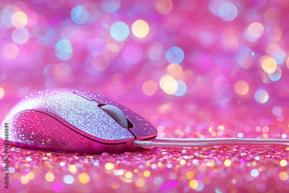 Aufkleber Sparkling pink computer mouse on glittering background with colorful bokeh lights