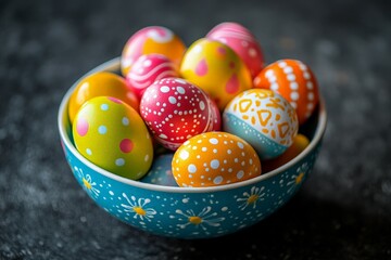 Colorful decorated eggs in a ceramic bowl ready for Easter celebration