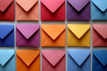 Colorful envelopes arranged in a grid pattern create a visually appealing display of stationery