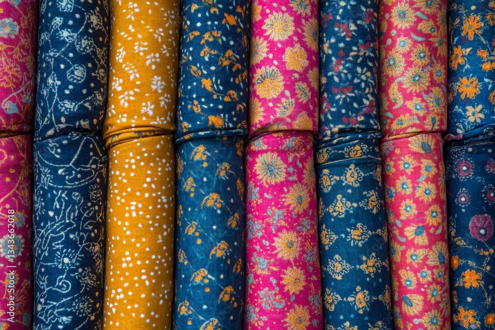 Poster colorful rolls of patterned fabric displayed at a market in india during the daytime