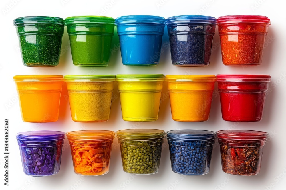 Poster colorful containers filled with various materials displayed on a white background in a creative arra
