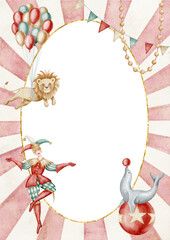 Vintage watercolor illustration of Template for childish greeting card with circus animals and balloons. Drawing of Baby shower invitations with lion, juggling jesterand a seal on a ball. Art for kid.