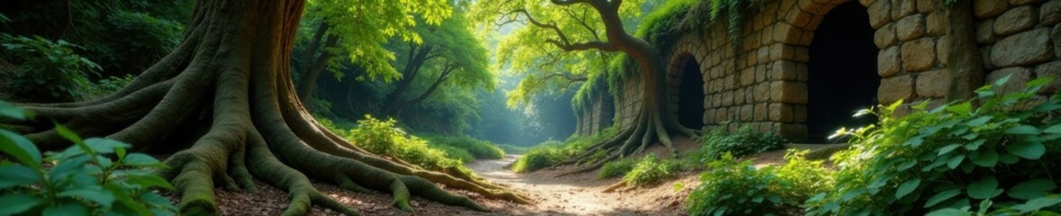 Fototapeta premium Overgrown forest with twisted tree roots and exposed stone walls, rough, woods