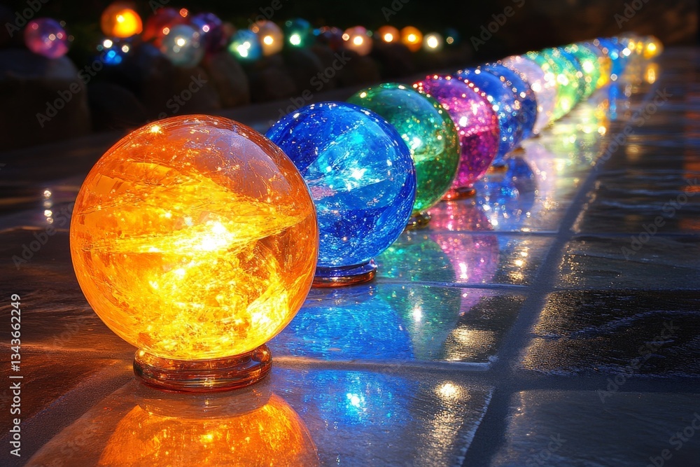 Poster colorful glowing orbs line a wet stone surface under soft evening light at a magical outdoor display