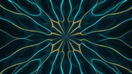 Abstract digital art piece that appears to be a kaleidoscope-like design. it has a dark blue background with a starburst-like pattern in the center.