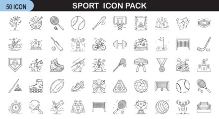 Sports and athletics icon set - A collection of 50 thin line icons representing various sports, athletic activities, and fitness equipment, ideal for sports-related design projects.  
