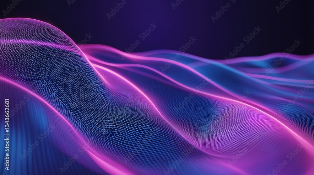 Poster abstract digital art piece with a dark background. it features a wave-like pattern made up of thin, 