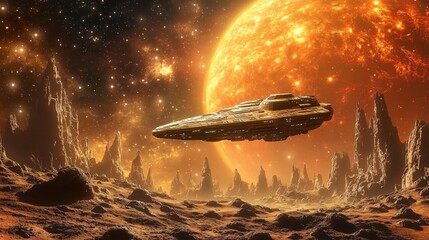 Futuristic Spaceship Above Red Planet in Solar System