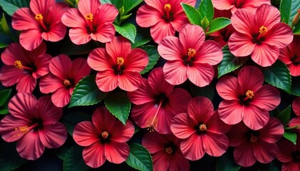 Bold, vibrant tropical hibiscus blossoms, densely packed, intricate arrangement , leaf, seamless, bloom