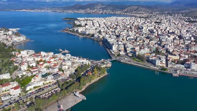 Panoramic aerial view of the City of Chalikda, Euboea, Greece, with the new and old Evripus bridge connecting the island