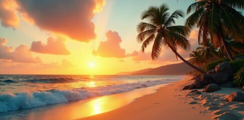 Palm trees sway gently in the ocean breeze on a warm sandy beach at sunset, sand, serene scene