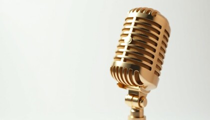 Fototapeta premium Close-up of a single gold microphone on white background, beat, vintage
