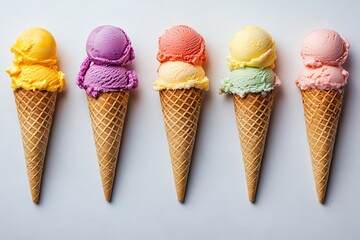 Colorful ice cream cones lined up in a row showcasing various flavors and vibrant hues perfect for a summer treat