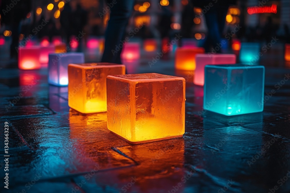 Poster colorful illuminated ice cubes create a vibrant atmosphere in an evening outdoor setting