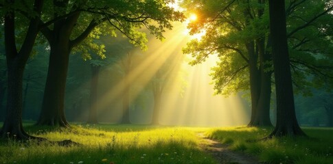 Obraz premium Panorama with sunbeams passing through the trees, serene, sunlight, nature