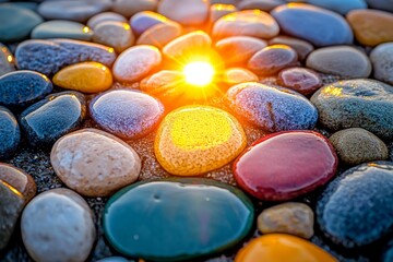 Colorful pebbles glistening under sunlight on a sandy beach at sunset in a serene coastal setting
