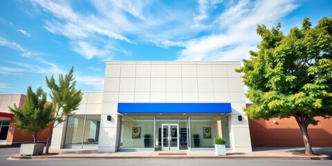 Modern small bank building facade, blue sky, ample copy space, banking, crisp