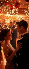 Couple dancing romantically under festive Christmas lights