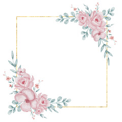 Fototapeta premium Watercolor floral frame with pink flowers, green leaves and golden accents. Illustration of Template for baby shower invitations, birthday cards, or wedding designs. Border in soft pastel tones