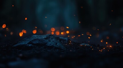 Sparkling Ember Glow on a Rock in a Dark Forest Setting