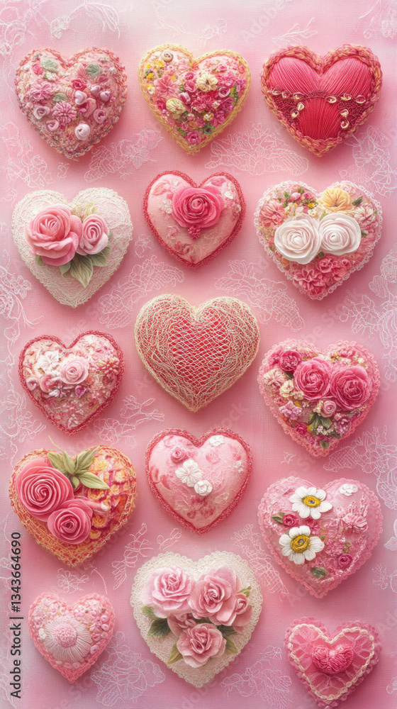 Poster a row of heart-shaped cakes with pink frosting and flowers on top. the cakes are arranged in a row a