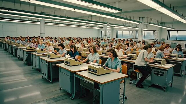Secretaries in an office with typewriters.
