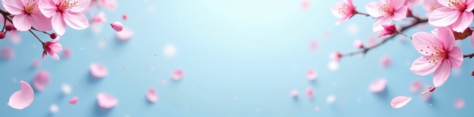 Pink sakura petals scattered on a pale blue background, floral arrangement, sakura flowers