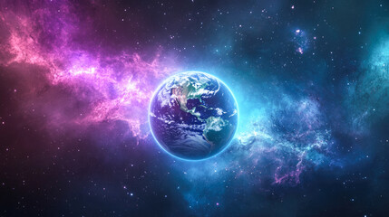 Obraz premium Earth in vivid cosmic surroundings with colorful nebulae and stars
