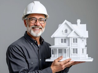construction worker holding a house real state concept 