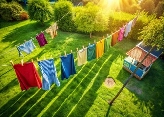 Aerial View of Summer Shorts Drying on Clothesline in Sunny Backyard