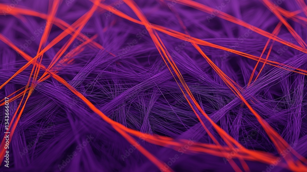 Poster abstract digital art piece that appears to be made up of multiple strands of orange and purple yarn.