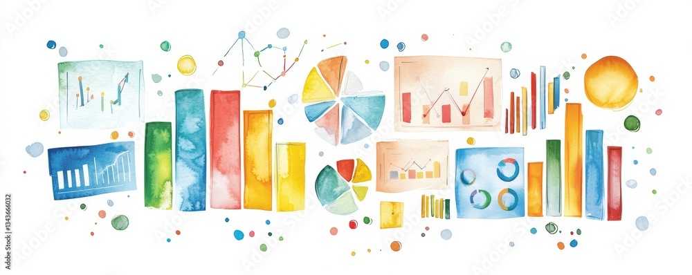 Poster colorful watercolor charts and graphs showcasing data analysis and visualization for business and ma