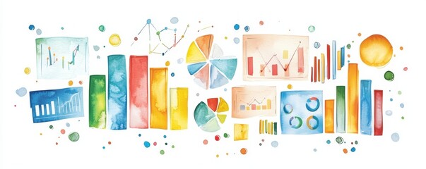 Fototapeta premium Colorful watercolor charts and graphs showcasing data analysis and visualization for business and marketing presentations.