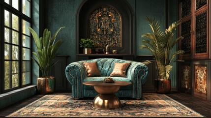 a luxuriously decorated living room with large windows, a sofa, and decorative plants.