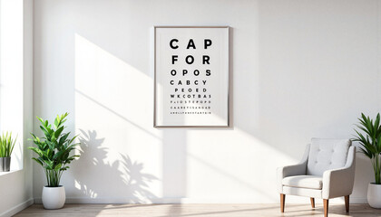 Vision test chart displayed in modern clinic interior, eye health