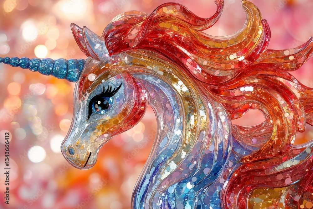 Poster brightly colored unicorn figurine with shimmering details and a vibrant background