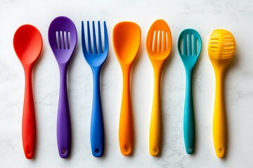 Colorful set of kitchen utensils arranged on a marble surface showcasing bright and vibrant designs