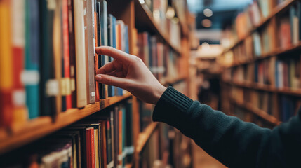 Browsing Books in Store, Hand Touching Book Spine on Wooden Shelf, book selection, library browsing, bookstore shopping, reading habit, literature lover, choosing a book, wooden bookshelf, academic re