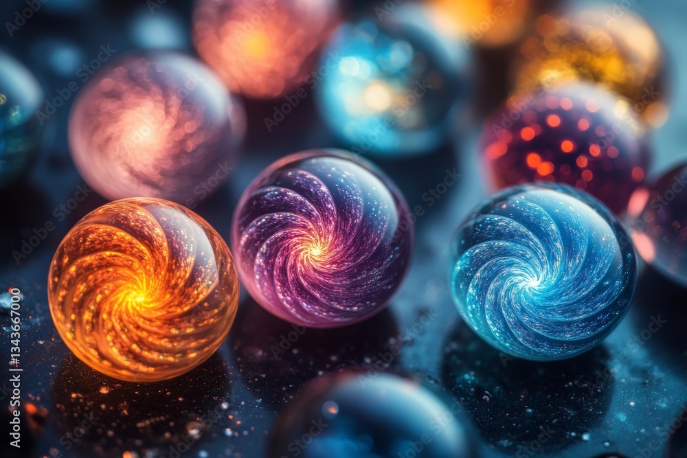 Poster Colorful swirling marbles arranged on a dark surface with glowing lights creating a captivating atmosphere
